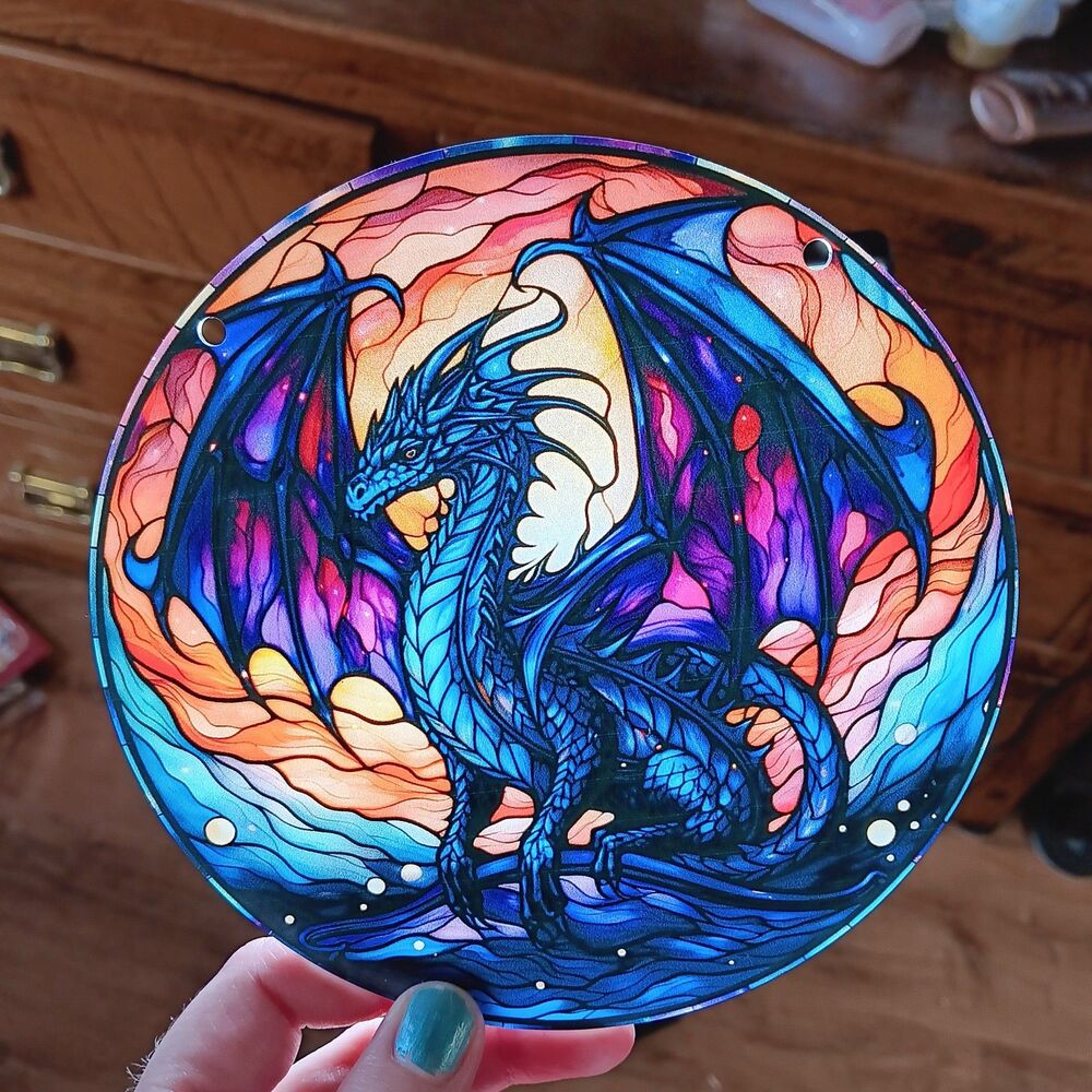Blue Purple Dragon Suncatcher Retro Style Window Hanging Fantasy